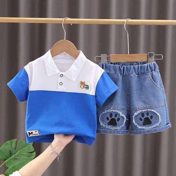 2025 New Summer Children's Men's Color Contrasting Bear Short Sleeve Cartoon Round Neck Top Shorts Two Piece Set_viptrois.com