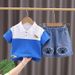 2025 New Summer Children's Men's Color Contrasting Bear Short Sleeve Cartoon Round Neck Top Shorts Two Piece Set_viptrois.com