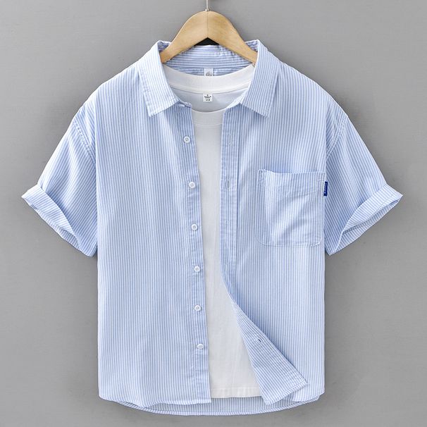 Striped Fresh Short Sleeved Shirt For Men, Fashionable And Versatile, Artistic And Casual, Loose Cotton_viptrois.com