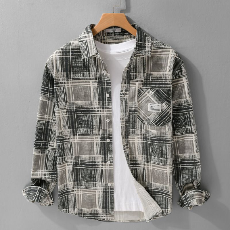 Simple Checkered Workwear Men's Long Sleeved Shirt Loose Men's Retro Youth Shirt_viptrois.com