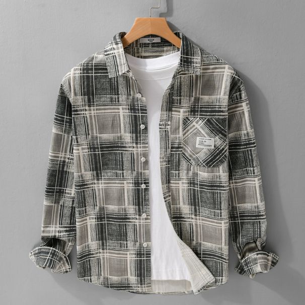 Simple Checkered Workwear Men's Long Sleeved Shirt Loose Men's Retro Youth Shirt_viptrois.com