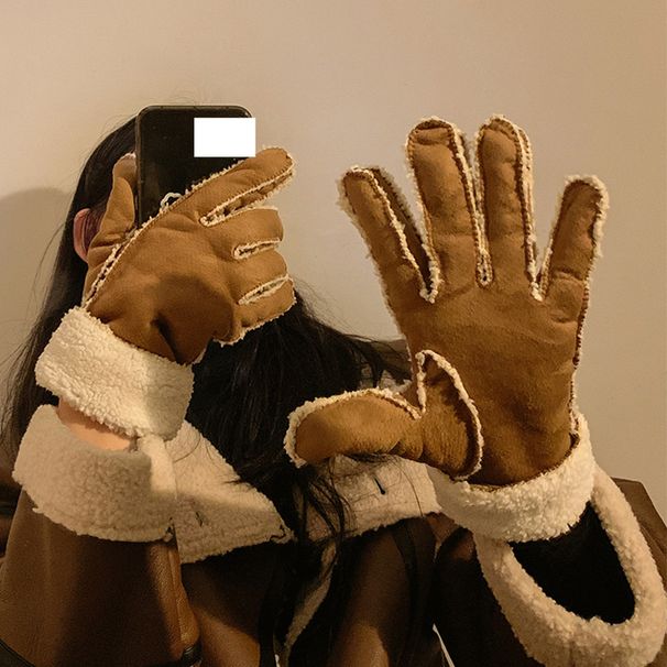 Suede five finger gloves for women for winter warm plus velvet riding bike windproof and coldproof electric vehicles cute in winter_viptrois.com