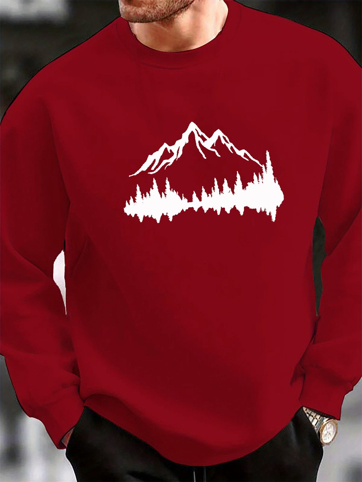Men's Loose Casual Fashionable Mountain Reflection Pattern Printed Round Neck Long Sleeved Sportswear For Autumn And Winter_viptrois.com