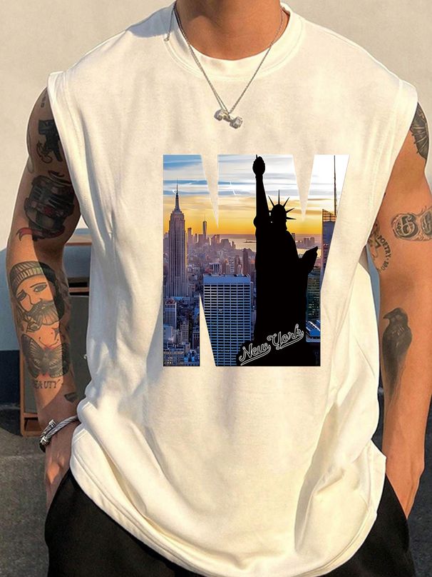 100% Pure Cotton Men's Summer Casual Sports Fitness Loose New York NY Pattern Printed Breathable Round Neck Sleeveless Vest_viptrois.com