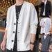 V-Neck Cardigan Sweater Men's Casual Pullover Hoodie With Patch Pockets, Waffle Knit, Loose Fit, College Style_viptrois.com
