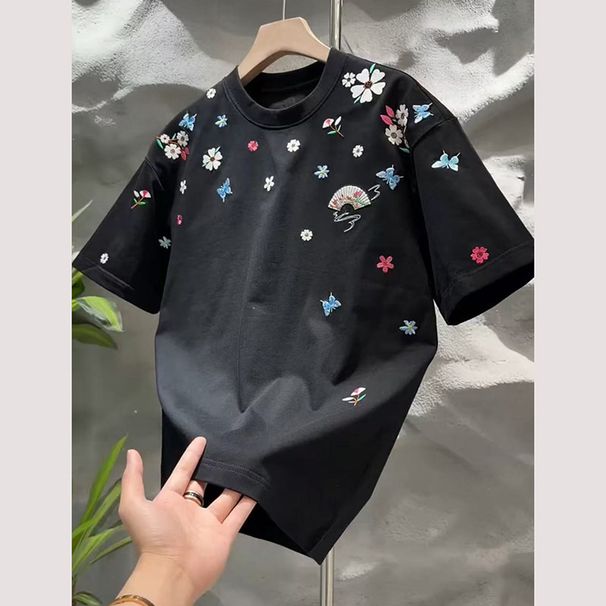 Men's Vintage Floral Embroidered T-Shirt, Retro Loose Fit Short Sleeve Tee, Couple Matching Summer Top_viptrois.com