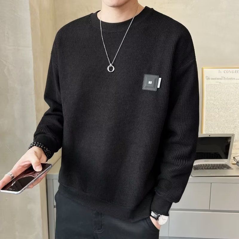 Men's Clothing Waffle Knit Crewneck Sweatshirt - Slim Fit Casual Pullover Long Sleeve T-Shirt For Spring & Autumn (Black/White/Dark Gray/Navy Blue)_viptrois.com