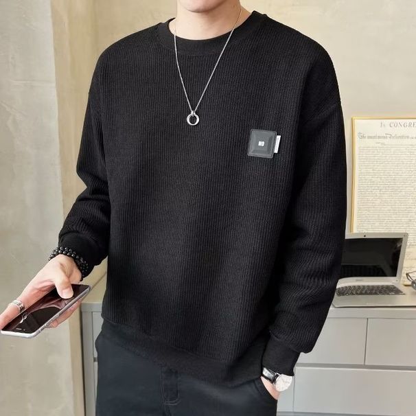 Men's Clothing Waffle Knit Crewneck Sweatshirt - Slim Fit Casual Pullover Long Sleeve T-Shirt For Spring & Autumn (Black/White/Dark Gray/Navy Blue)_viptrois.com