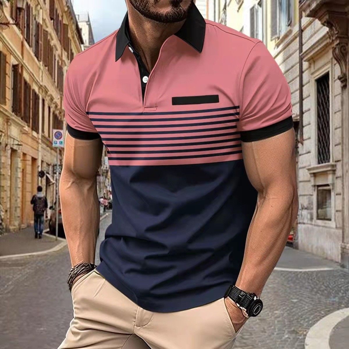 Men's New Chest Fake Pocket Digital Printing Lapel Button Polo Shirt_viptrois.com