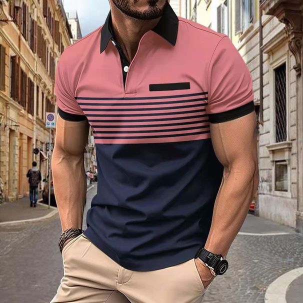 Men's New Chest Fake Pocket Digital Printing Lapel Button Polo Shirt_viptrois.com