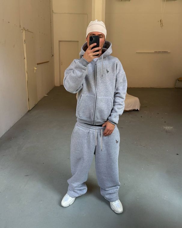 Retro Embroidered Hoodie And Sweatpants Set For Men - Streetwear Pullover With Zipper & Long Sleeves (Black/Grey)_viptrois.com