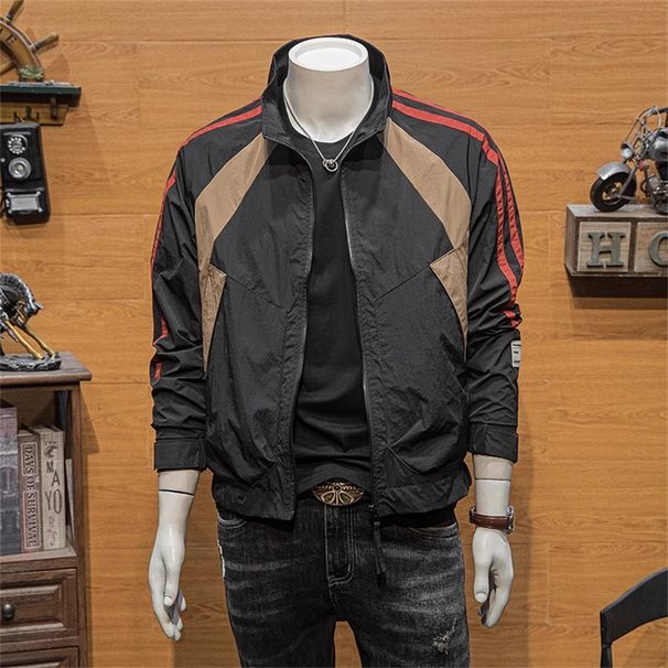 2026 Fashion European Station Outerwear Youth/Men Polyester Stand Collar Striped Patchwork Long Sleeve Zipper Casual Jacket_viptrois.com