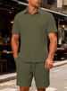 New Summer Men's Solid-color Jacquard Shirt Casual Sports Breathable Short-sleeved Short Pants Set_viptrois.com
