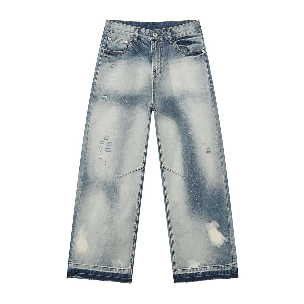 Men's Clothing Niche High Street Vibe Heavy Ink Splashing White Personality Raw Edge Distressed Jeans_viptrois.com