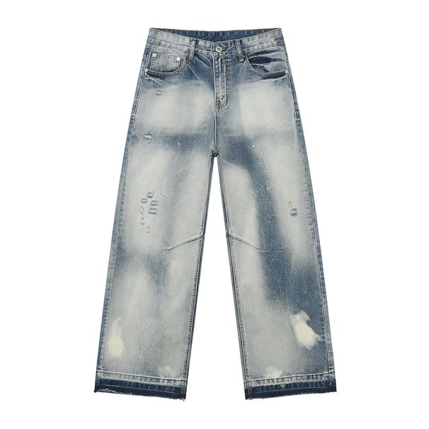 Men's Clothing Niche High Street Vibe Heavy Ink Splashing White Personality Raw Edge Distressed Jeans_viptrois.com