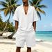 Men's Waffle Knit Short Sleeve Deep V Neck Casual Fashion Beach Shorts Style Suit_viptrois.com