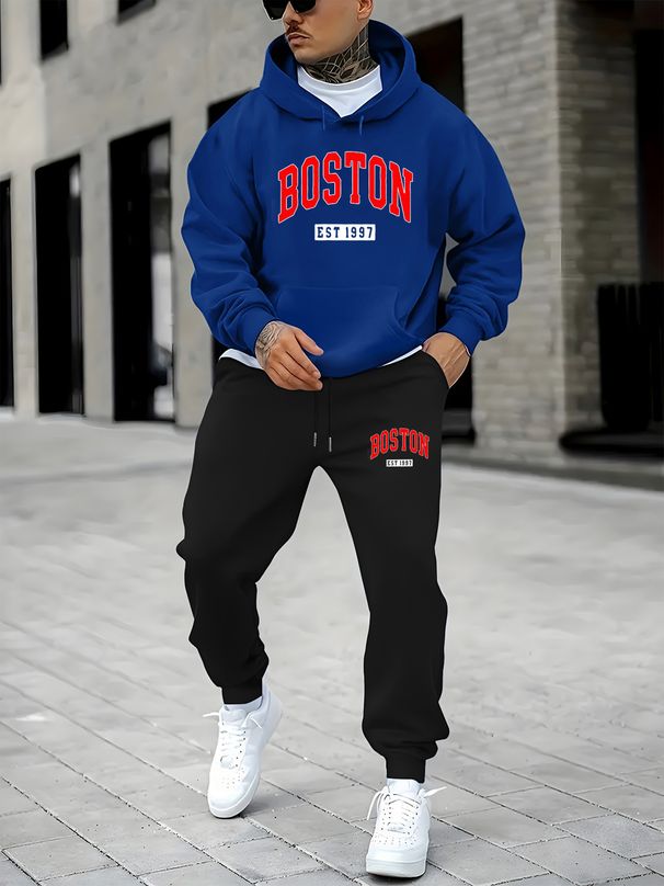 Men's Autumn And Winter Casual Fashion BOSTON EST 1997 Letter Printed Loose Suede Thick Hooded Sweatshirt+sports Pants Set_viptrois.com