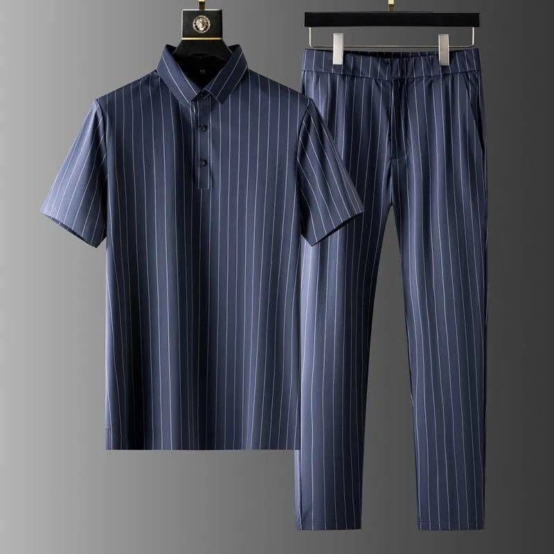 Men's Clothing Light Luxury Business Casual Ice Silk Suit Men's Summer Casual Short Sleeved Thin Striped Two Piece Suit Men's Clothing_viptrois.com
