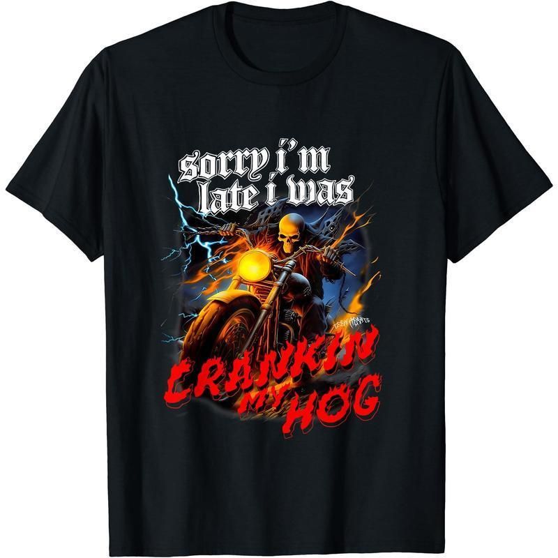 Lo Siento, Llegué Tarde, Estaba Dando Vueltas En Mi Motocicleta Esqueleto Terror De Cerdo, Camiseta Para Hombres_viptrois.com