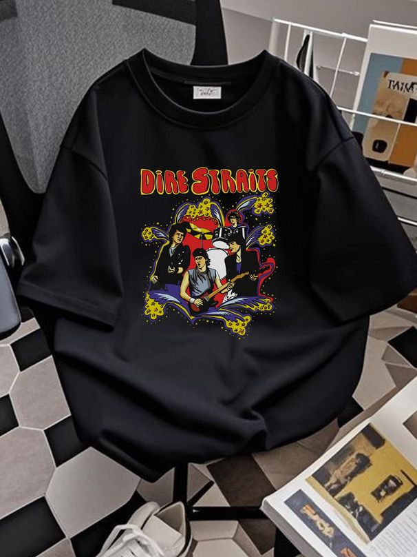 Cotton Unisex T-shirt Dire Straits Album Music Shirt Mark Knopfler John Illsley Summer Breathable Top For Everyday Wear Designer Clothes Slightly_viptrois.com