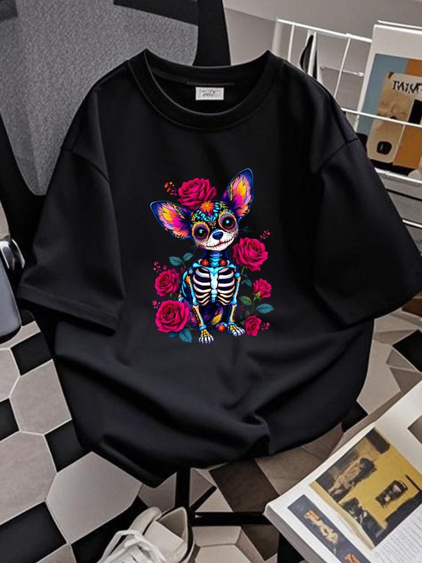 Mexican Sugar Skull Chihuahua Dia De Los Muertos Halloween Black Cotton T-Shirt Unisex Comfortable Summer Soft Graphic Breathable Slightly_viptrois.com