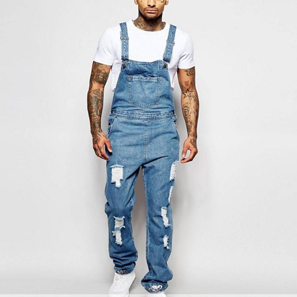 Men's Clothing Fashion Men's Strappy Denim Rompers Ripped Jeans Trousers_viptrois.com
