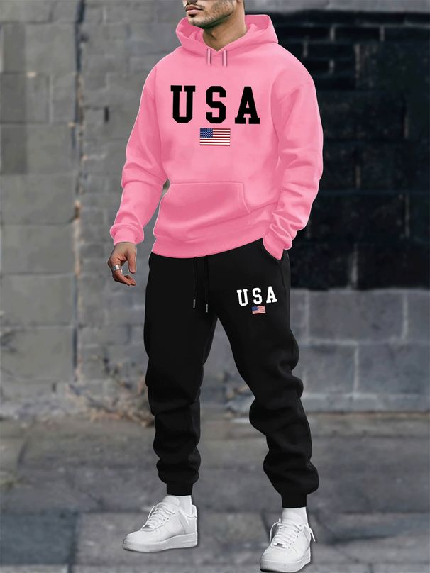 Men's Autumn And Winter Casual Fashion American Flag USA Print Loose Suede Thick Hooded Sweatshirt+sports Pants Set_viptrois.com