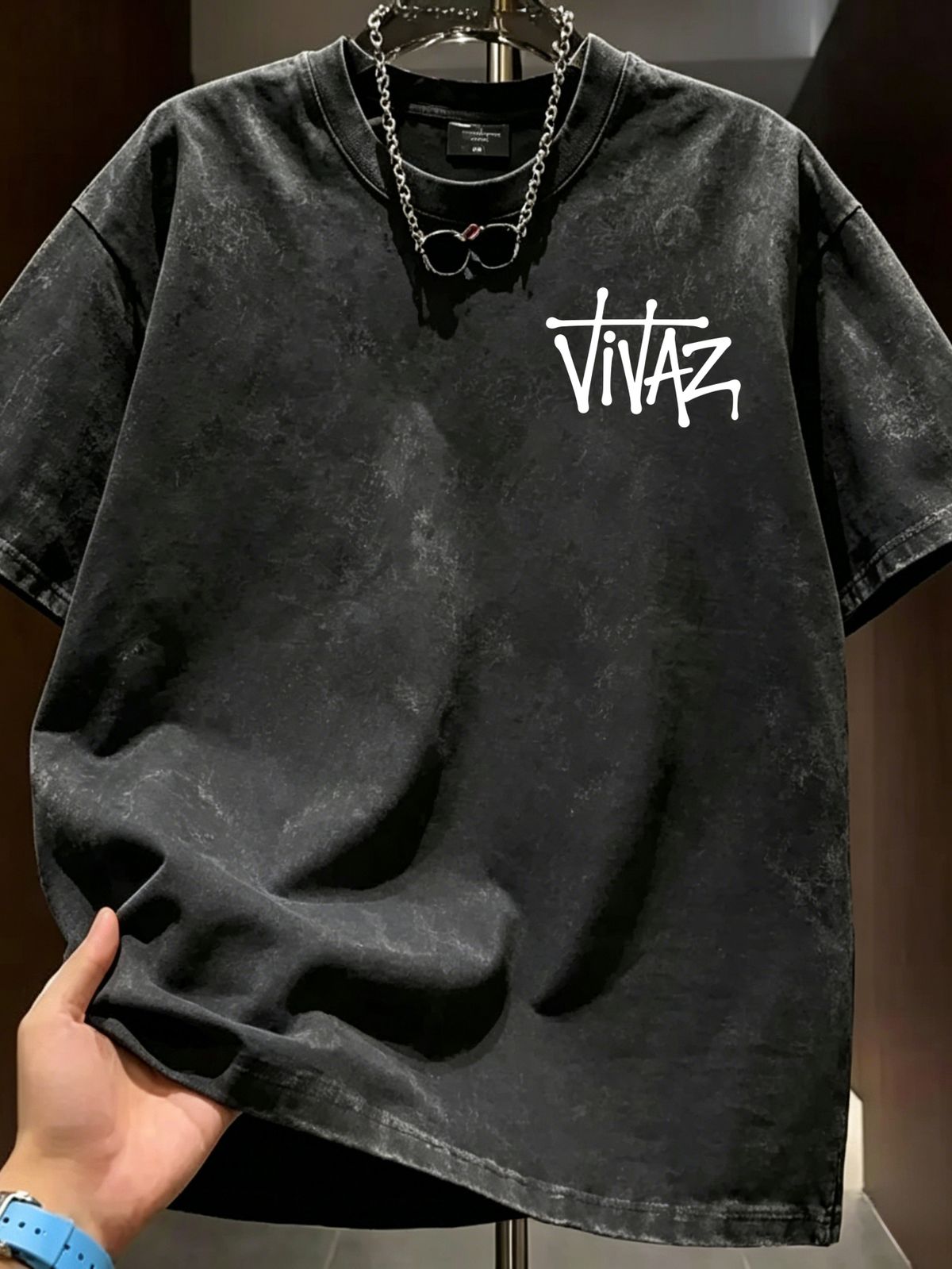 Summer New Washed Short-sleeved T-shirt, Men's Graffiti Vivaz Letter Creative Printing Half-sleeved Youth Trend Versatile Casual Loose Base_viptrois.com