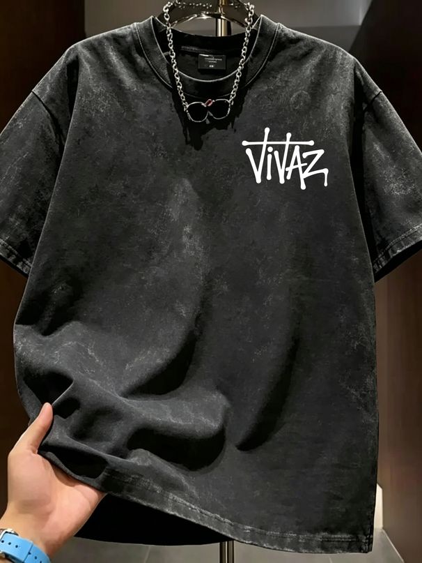 Summer New Washed Short-sleeved T-shirt, Men's Graffiti Vivaz Letter Creative Printing Half-sleeved Youth Trend Versatile Casual Loose Base_viptrois.com