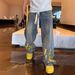 Men's Clothing Jeans Hand Painted Inkjet Printing Fashionable All Match Washed Distressed Straight Pants_viptrois.com