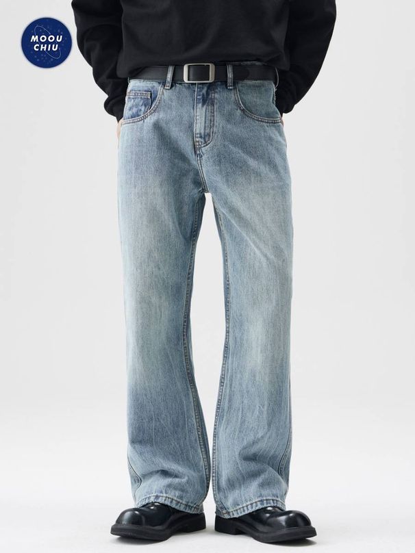 Men's Clothing Men's Washed Straight-Leg Jeans - Relaxed Fit Vintage Denim Pants With Slight Flare, High Cotton Comfort (Blue, Size 28-40)_viptrois.com