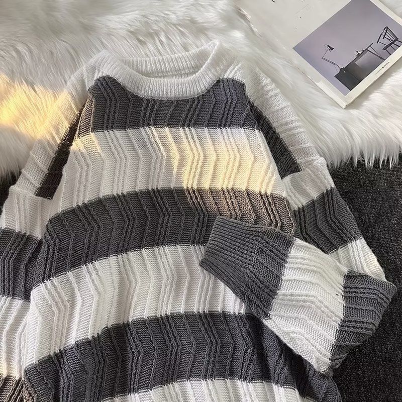 Men's Striped Knit Sweater – Oversized Crewneck Pullover With Contrast Color Blocking, Japanese Minimalist Style Casual Loose Fit_viptrois.com