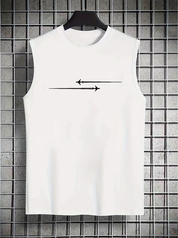 100% Pure Cotton Men's Summer Casual Sports Fitness Loose And Simple Airplane Pattern Printed Breathable Round Neck Sleeveless Vest_viptrois.com