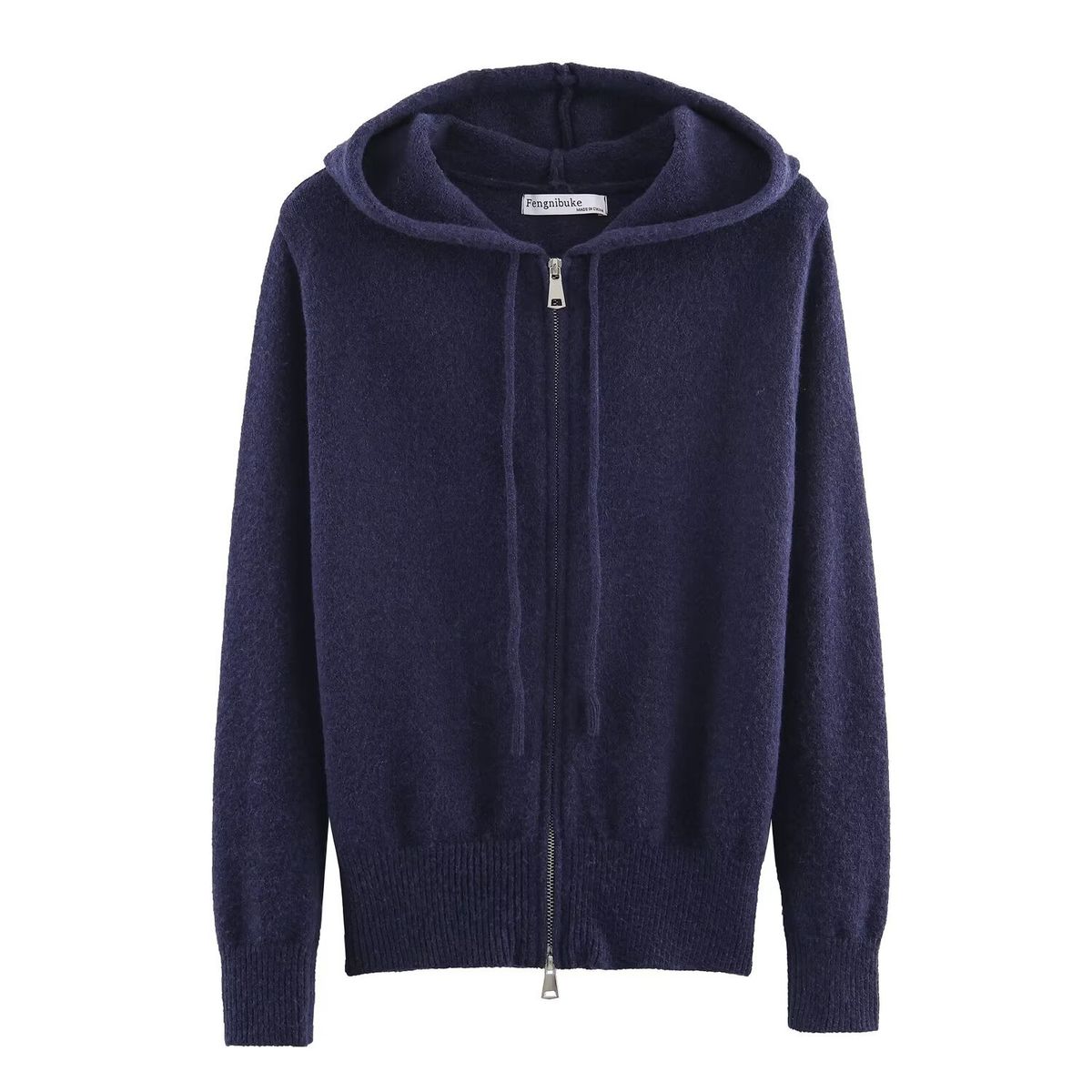 Retro Zip-Up Hooded Sweater – Polyester Knit Cardigan With Stand Collar (Navy) – Unisex Lightweight Layering Piece For Autumn_viptrois.com