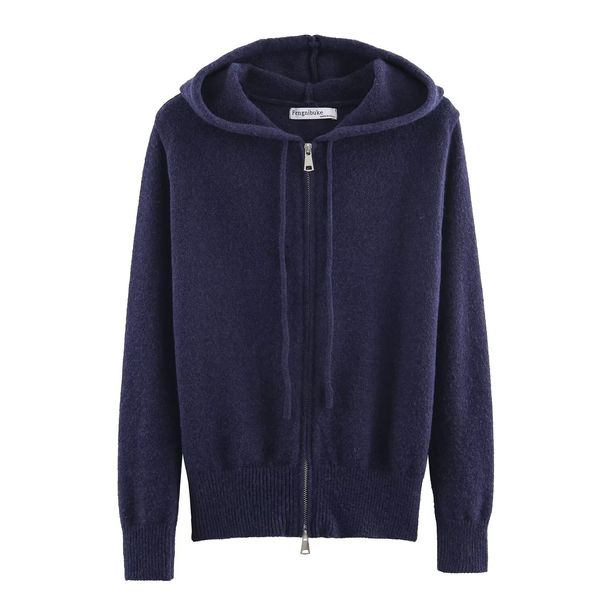Retro Zip-Up Hooded Sweater – Polyester Knit Cardigan With Stand Collar (Navy) – Unisex Lightweight Layering Piece For Autumn_viptrois.com