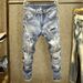 Men's Slim Straight Blue Distressed Jeans With Patchwork & Ripped Details For Spring & Summer_viptrois.com