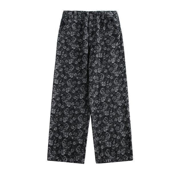 Full Print Dark Floral Casual Straight Long Pants Unisex Street Fashion Design Sense Niche Loose Jeans_viptrois.com