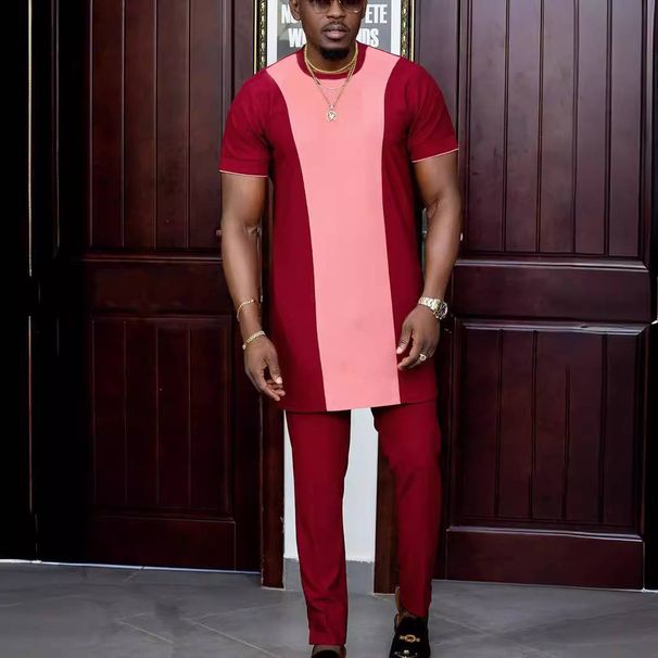 Men's Clothing men's summer red short sleeved shirt new fashion casual two piece suit high end suit sportswear_viptrois.com