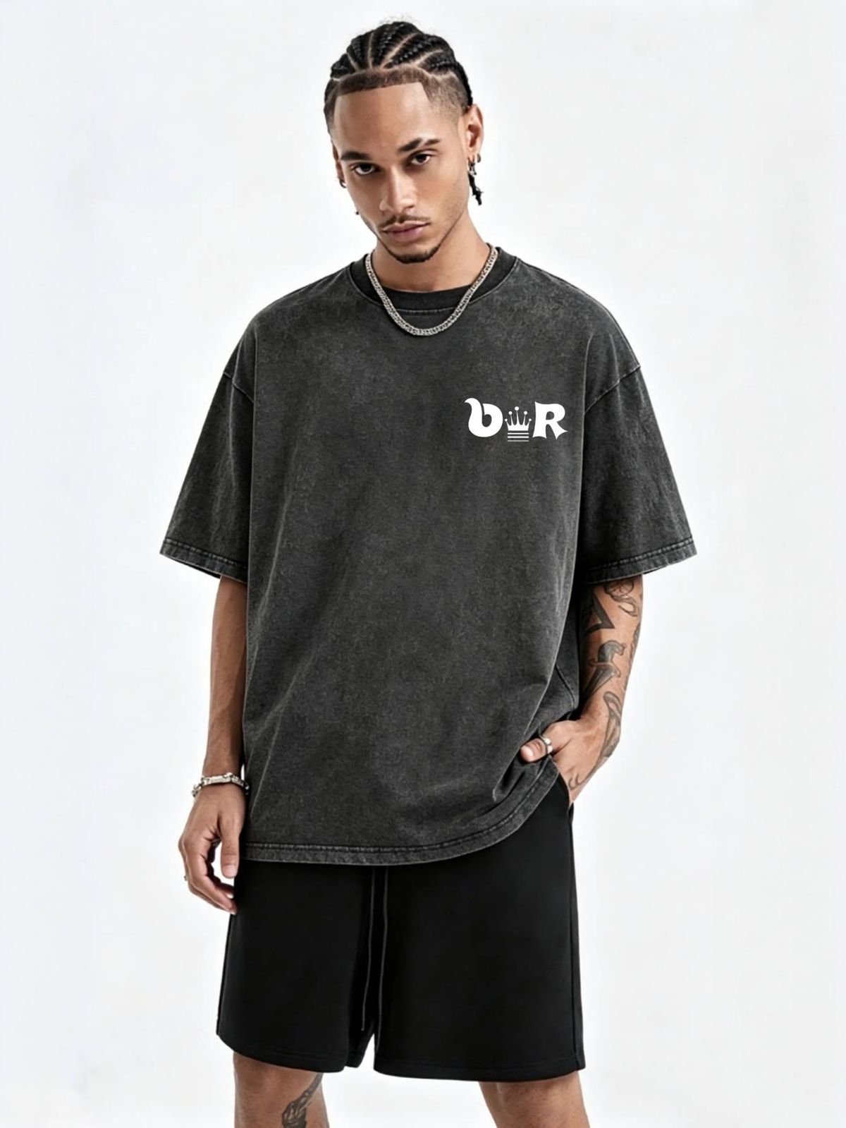 230g Vintage Washed Men T-shirt Crown Accent B&R Monogram Print Crew Neck Short Sleeve Streetwear Tee_viptrois.com