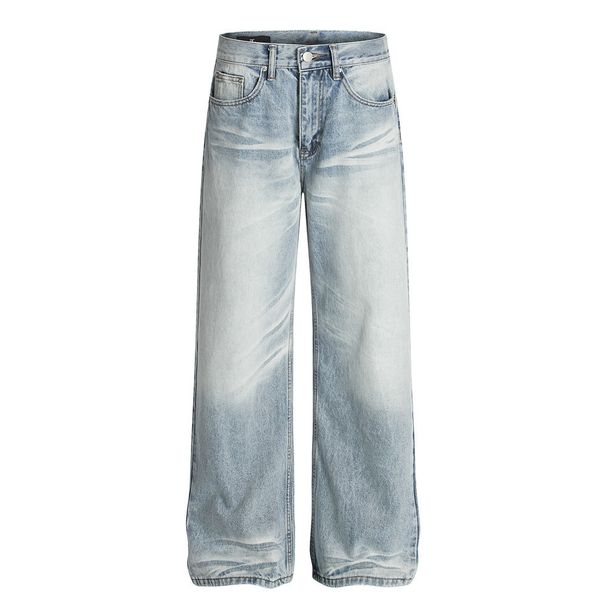 Heavy-duty Washed Gradient Jeans For Men High Street Punk Distressed Frayed Water Ripple Loose Straight Long Pants_viptrois.com
