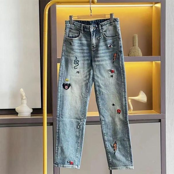 Men's Clothing Fashionable Embroidered Jeans High Street Slim Fit Slim Fit Embroidered Jeans - Stylish High Street Denim Pants With Artistic Details_viptrois.com