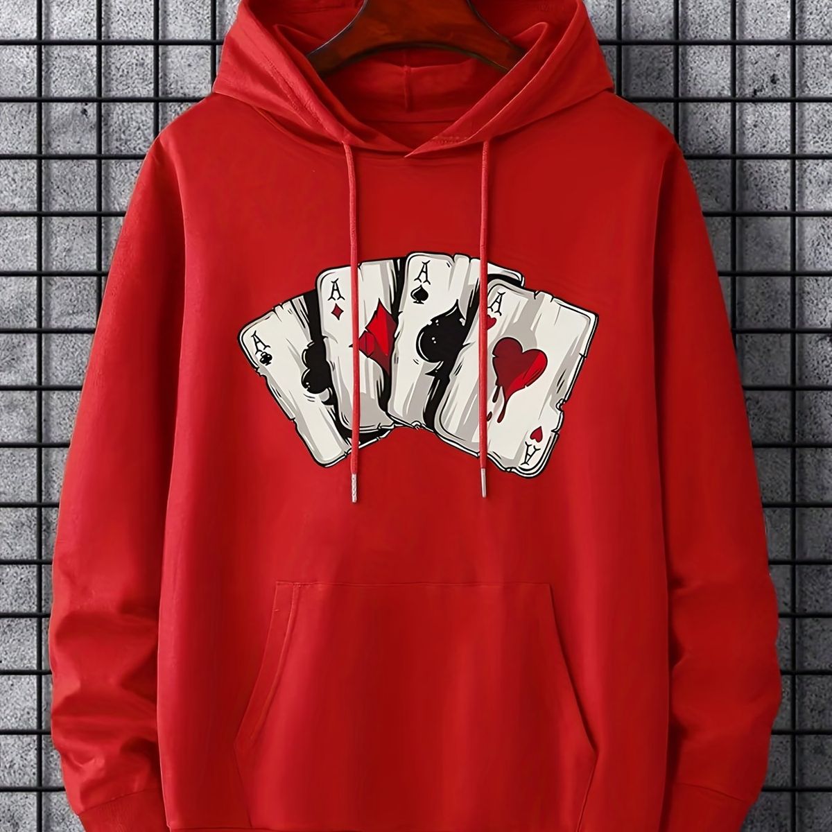 Men's Autumn And Winter Casual Fashion Loose Hooded Sweatshirt Playing Card Ace Graphic Print Warm Long Sleeved Pullover_viptrois.com