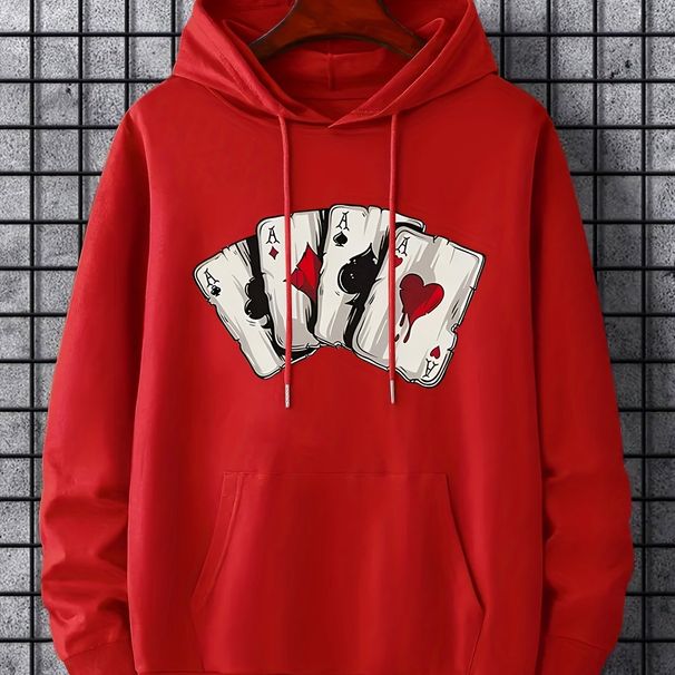 Men's Autumn And Winter Casual Fashion Loose Hooded Sweatshirt Playing Card Ace Graphic Print Warm Long Sleeved Pullover_viptrois.com