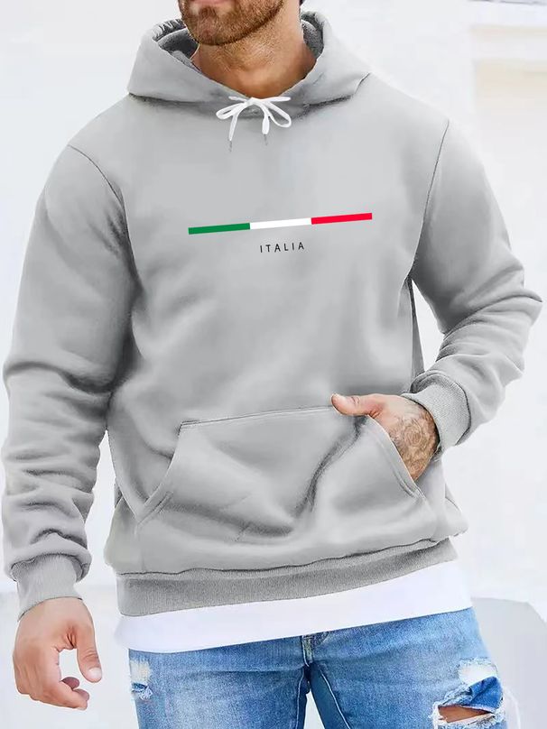 Men's Autumn And Winter Casual Fashionable Loose Hooded Sweatshirt ITALIA Letter Pattern Printed Warm Long Sleeved Pullover_viptrois.com