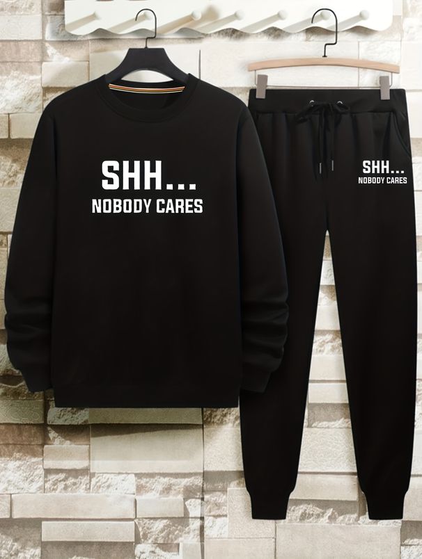 Men's Autumn And Winter Casual Warm Nobody Care Print Loose Thick Velvet Round Neck Sports Shirt+sports Pants Set_viptrois.com