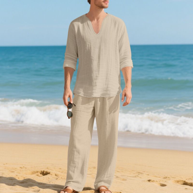 Men's Linen Casual Long Sleeve T-Shirt & Pants Set - Relaxed Fit V-Neck Beach Outfit For Autumn (Grey, Black, Light Blue, Khaki, Olive Green)_viptrois.com