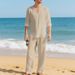 Men's Linen Casual Long Sleeve T-Shirt & Pants Set - Relaxed Fit V-Neck Beach Outfit For Autumn (Grey, Black, Light Blue, Khaki, Olive Green)_viptrois.com