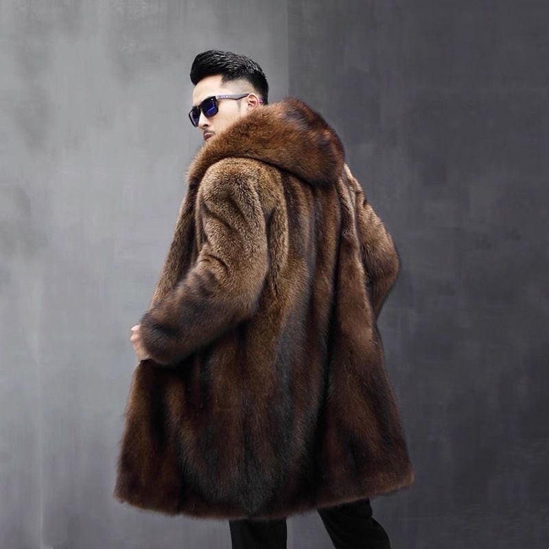 Men's Clothing Men's Winter Fur Coat With Hood, Long Imitation Mink Fur, Loose Casual Fur Warm Coat, Large Size_viptrois.com
