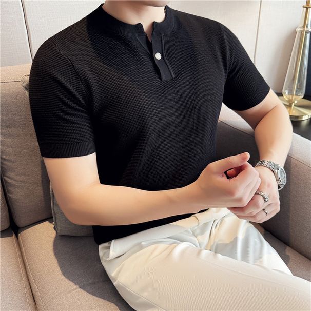 Men's Clothing Old Money Style Henley Collar Knitted Short Sleeved Polo Shirt Fashionable V Neck Trendy Half Sleeved T Shirt Top_viptrois.com
