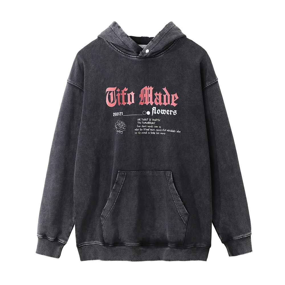 American Street Style Rose Letter Men's Ins Niche Loose Frayed Washed Vintage Hoodie_viptrois.com